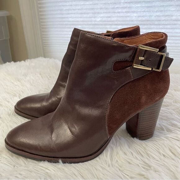 LOUISE ET CIE LO-VASCA BROWN SUEDE & LEATHER HEEL SIDE ZIP ANKLE BOOTS SZ 7M/ 37 - Picture 2 of 9